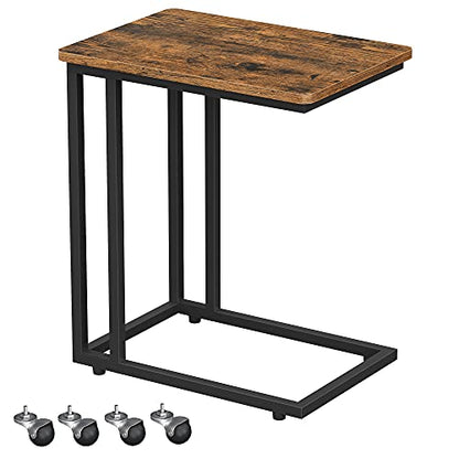 VASAGLE End Table, C Shaped TV Tray with Metal Frame Rolling Casters, Industrial Side Table for Living Room Bedroom, 19.7 x 13.8 x 23.6 Inches, Rustic Brown and Black - color: Rustic Brown + Black, size: 19.7"W x 21.7"H, style: With Wheels
