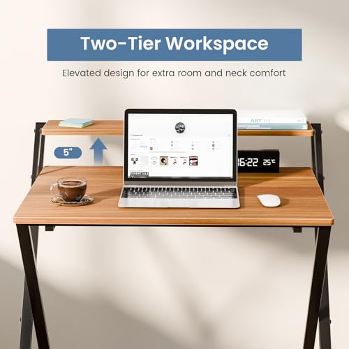 DUMOS Folding Desk with Shelf, No Assembly Computer Desk, Small Space Brown | Foldable Desk with Shelf Saves Space for Bedroom, Office and Dorm Use - color: Brown