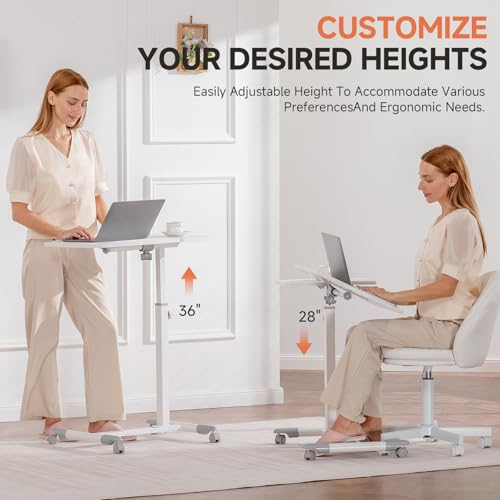 GTPLAYER Small Standing Desk, 28 Inches Tiltable Mobile Rolling Laptop PC Table with Lockable Casters, Adjustable Height Overbed Bedside Table Computer Workstation for Home Office, White-Tiltable - color: White-tiltable