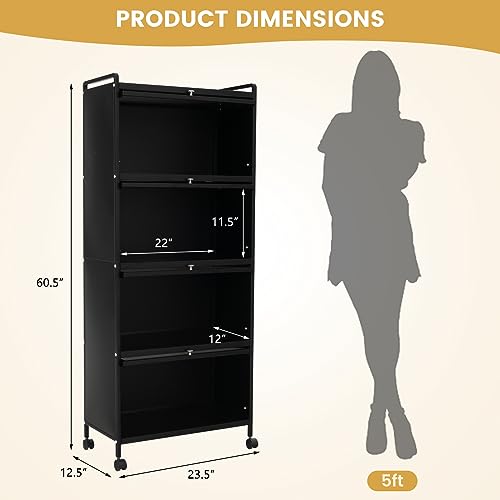 5-Tier Kitchen Storage Cabinet, Mobile Microwave Stand with Metal Frame, 4 Lockable Casters & Flip-up PC Doors, Freestanding Bakers Rack for Kitchen, Dining Room, Living Room (Black) - color: Black