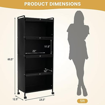 5-Tier Kitchen Storage Cabinet, Mobile Microwave Stand with Metal Frame, 4 Lockable Casters & Flip-up PC Doors, Freestanding Bakers Rack for Kitchen, Dining Room, Living Room (Black) - color: Black