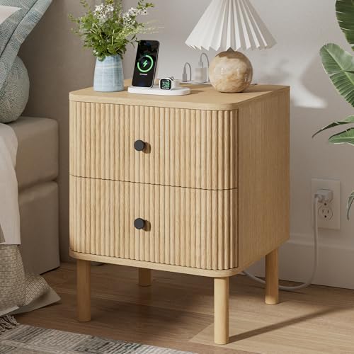 Fluted Nightstand with Charging Station, Soft Rounded Drawer Fronts and Solid Wood Cylindrical Legs, 2 Drawer Night Stand, End Table w/Metal Knobs, Bedside Table for Bedroom, Natural Oak - color: Natural Oak - Rounded Drawer, size: 18"W