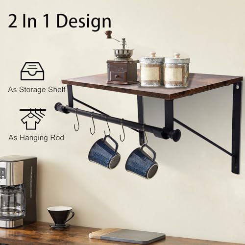 Wall Mounted Shelf with Hanging Rod, Laundry Room Shelves, Space Saving Organization for Bedroom, Bathroom, Laundry Room, Closet, Kitchen & Front Door