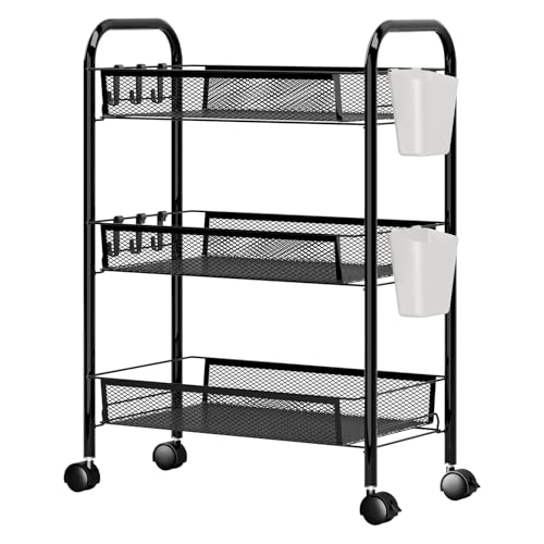 Fruit Vegetable Basket for Kitchen,Adjustable Vegetable Storage Rack, Large Capacity Snack Cart Kitchen Carts on Wheels with Storage Multifunctional Rolling Cart for Onion and Potato Storage Black 3- - color: Black, size: 3-Layers