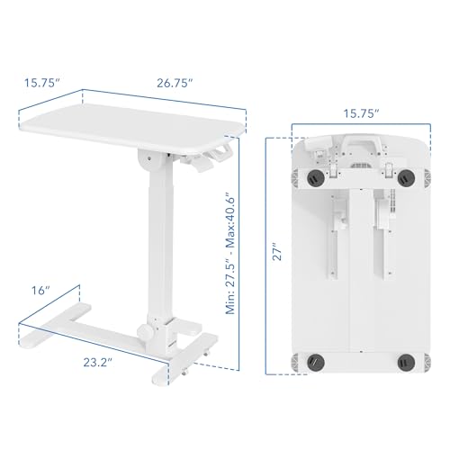 Mount-It! Foldable Overbed Table with Wheels – Height Adjustable Rolling Bedside Table, No Assembly Required, Ultra-Low Profile Base Fits Under Beds & Sofas, for Home and Hospital Use