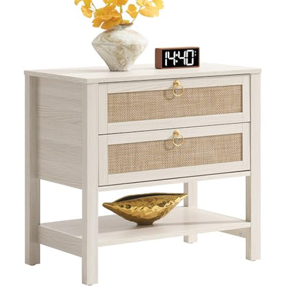 SICOTAS White Rattan Nightstand, Wide Bedside Table with 2 Drawers & Shelf | Large Night Stand with Storage Shelf, Coastal Boho Bedside Table for King Bed, Bedroom, Guest Room, Apartment, and End Table - color: White Cream Oak