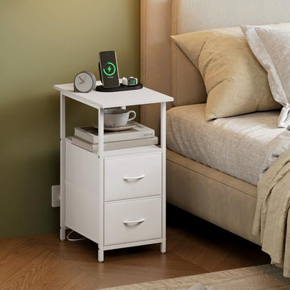 Somdot End Table with Charging Station, Narrow Side Table with 2 Fabric Drawers, Skinny Nightstand with Storage, Small Slim Bedside Table for Living Room, Sofa, Bedroom, Couch, White Leather - color: White Leather