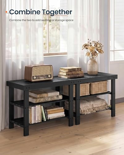 SONGMICS HOME 3-Tier Bamboo Shoe Bench, Shoe Rack, for Entryway Bathroom Bedroom, 11.5 x 27.8 x 18 Inches, Black - color: Black