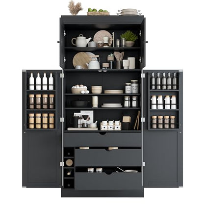 Merax 77'' Tall Freestanding Kitchen Pantry, 35''Lx17.7''W Modern Shaker Style Cupboard Storage Cabinet with Adjustable Shelves,Door Shelves, Drawers and Wine Racks,Grey - color: Grey
