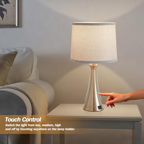 Touch Lamp for Living Room Bedroom, 21" Table Lamps Set of 2 with USB C+A Ports and Grey Lamp Shades, Touch Bedside Lamps for Nightstand with 3 Way Dimmable, 2 LED Bulbs Included, Silver - color: Silver 2pcs