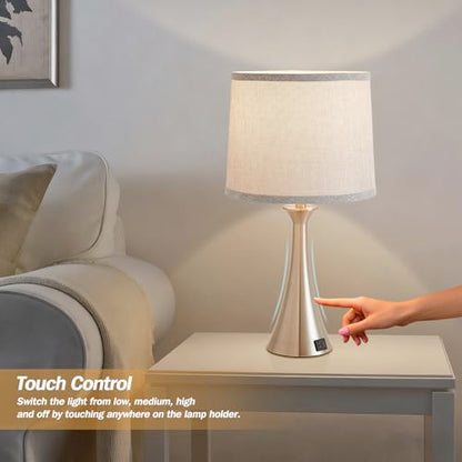 Touch Lamp for Living Room Bedroom, 21" Table Lamps Set of 2 with USB C+A Ports and Grey Lamp Shades, Touch Bedside Lamps for Nightstand with 3 Way Dimmable, 2 LED Bulbs Included, Silver - color: Silver 2pcs