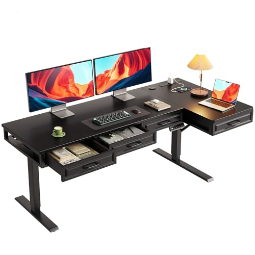 OffiGo L Shaped Electric Standing Desk with Wooden Drawers, 63 Inch Height Adjustable Corner Workstation with Power Outlets, Sit Stand Table for Home, Office, Black - color: Black, size: 63 Inch