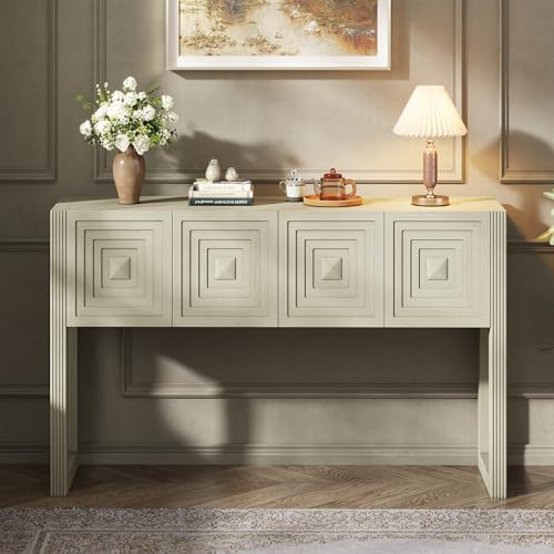 LKTART 55" Carved Console Table with 3 Soft-Close Drawers, Entryway Sofa Table with Fluted Leg,Solid Wood Accent Table for Living Room Hallway, Natural - color: Natural