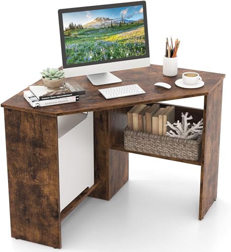 GOFLAME Corner Desk with Storage Shelves, Triangular Computer Desk with Cable Management Holes, Laptop Workstation for Small Space, Makeup Vanity Desk for Living Room, Study, Rustic Brown - color: Rustic Brown