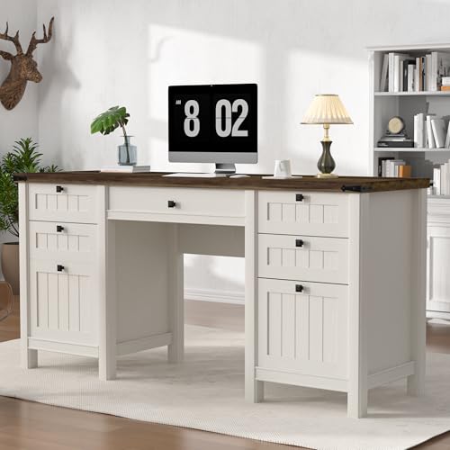 62" Executive Desk Home Office Desk with File Drawer & Cabinet | Farmhouse Computer Desk with Charging Station for Work Study Writing Cabinet Storage Workspace Antique White - color: Antique White, size: 62"