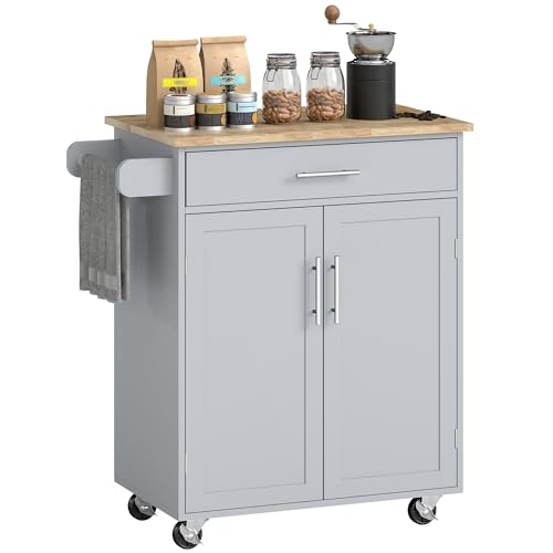 HOMCOM Kitchen Island Cart, Rolling Island Table with Solid Wood Top, Trolley Cart with Drawer, Storage Cabinet & Towel Rack, Gray - color: Grey