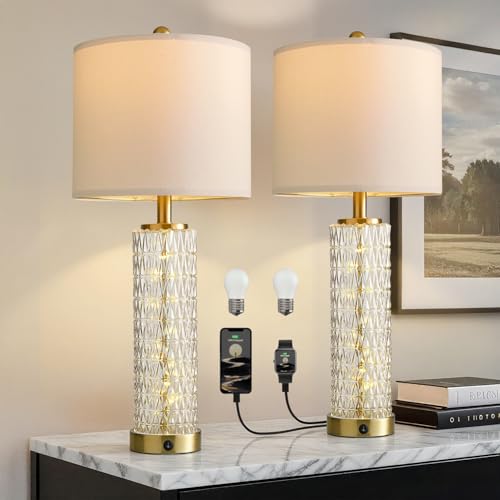 Oneach 27.75” Table Lamps Set of 2, Gold Modern Bedside Lamp with LED Night Light, USB A+C, Glass Lamps for Living Room, Bedroom, Nightstand, Office, End Table (2 Bulbs Included) - color: Gold - White Shade