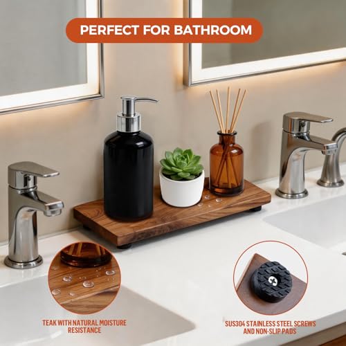 Teak Wood Decorative Small Tray, Bathroom Wood Riser for Decor, Kitchen Counter Wooden Pedestal Stand, Tray for Vanity, Sink & Soap (1, Teak Wood, 12.6" x 4.9" x 1") - size: 12.6" x 4.9" x 1"