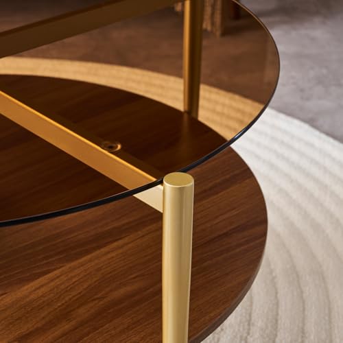 LumFurn Round Coffee Table, Mid-Century Modern Design, D30 x H17, for Living Room, 2-Tier Structure, Amber Glass Top and Walnut MDF Shelf, Sleek Conical Metal Legs with Gold Finish - color: Amber & Walnut, size: D30" Round Coffee Table