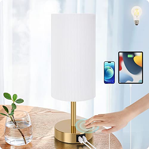 Bedside Lamp with USB port - Touch Control Table Lamp for Bedroom Wood 3 Way Dimmable Nightstand Lamp with Round Pleated Shade for Living Room, Dorm, Home Office (LED Bulb Included) (Pleated) - color: Pleated