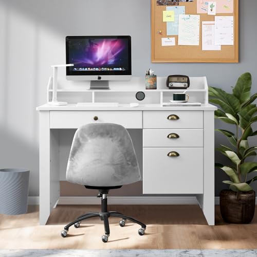 Catrimown Computer Desk with Drawers and Hutch, 47 Inch Home Office Desk with File Drawers, Student Girls Desks, Teens Writing Table with Hutch, Small Desk with Drawer for Bedroom, White - color: White Oak
