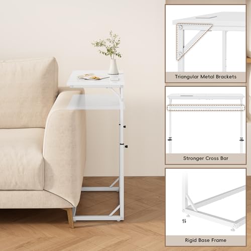Vagusicc C Shaped End Table with Charging Station, C-Table End Table Adjustable Height Side Table for Couch, Large Couch Table, Slide Under Sofa Table TV Tray Arm Table for Living Room, Bedroom, White - color: White, style: With Plug