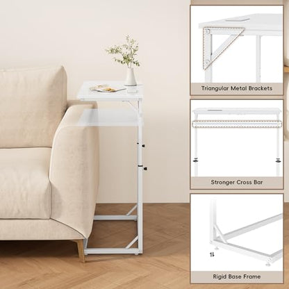 Vagusicc C Shaped End Table with Charging Station, C-Table End Table Adjustable Height Side Table for Couch, Large Couch Table, Slide Under Sofa Table TV Tray Arm Table for Living Room, Bedroom, White - color: White, style: With Plug