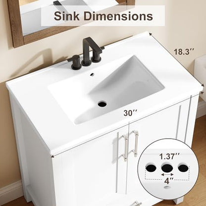 IDEALHOUSE 30" Bathroom Vanity with Sink, Freestanding Wooden Bathroom Vanity Cabinet with Soft-Closing Door and Metal Handle, Modern Floor Standing Storage for Small Spaces,White - size: 30in
