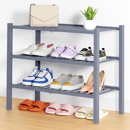 Smiry Bamboo Shoe Rack, 14 Vertical Slats, 3 Tier - 26.8" Wide, Grey | Stackable Free Standing Wooden Shoe Organizer, Wood Shoe Storage Shelf for Closet, Entryway, Thicher Leg - color: Grey, size: 26.80" Wide - 3 Tier - Thicker