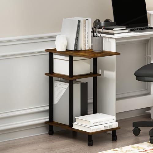 Furinno Turn-N-Tube Side Table, 3-Tier C-Shape End Table with Wheels, Toolless Assembly Night Stand, Bedside Table with Open Shelf, for Living Room, Bedroom, Amber Oak/Black - color: Amber Oak/Black