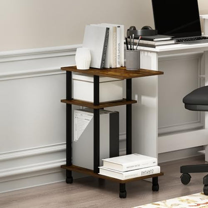 Furinno Turn-N-Tube Side Table, 3-Tier C-Shape End Table with Wheels, Toolless Assembly Night Stand, Bedside Table with Open Shelf, for Living Room, Bedroom, Amber Oak/Black - color: Amber Oak/Black