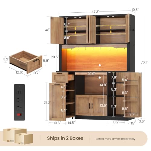 Itaar 71" Pantry Cabinet with Charging Station and LED Light, Kitchen Pantry Cabinet with Microwave Stand, 47.2" Wide Kitchen Storage Cabinets with Storage Cart 3 Tier for Dining Room,Brown - color: Brown