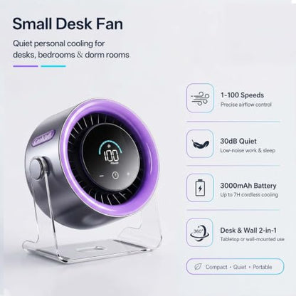 USB Desk Fan for Bedroom: 100 Speeds Digital Display Quiet Portable Fan with Turbo Airflow, 120° Rotating Small Rechargeable Battery Desktop & Wall-Mounted Fans for Bedroom Home Office - color: Black&Purple