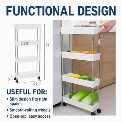 Modern Home 4-Tier Rolling Storage Cart with Bins – Slim Organizer for Bathroom, Kitchen, Laundry & Pantry – Mobile Utility Shelves with Wheels