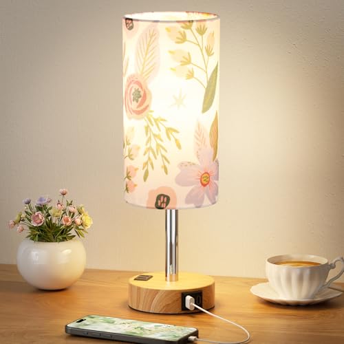 Fenmzee Floral Touch Lamp for Bedroom- 3 Way Dimmable Bedside Lamp USB C A Charging Ports and AC Outlet, Small Table Lamp Floral Linen Lampshade for Gift, LED Bulb Included - color: Floral Shade-Wood Base, size: 14" Touch Control