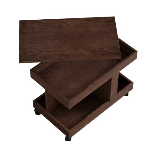 Multifunctional End Table with Wheels and 360° Rotating Desktop | Rolling Design, Storage Compartment, Sofa Side Narrow Table, Bedside Use, Living Room & Bedroom - color: Walnut-7.15