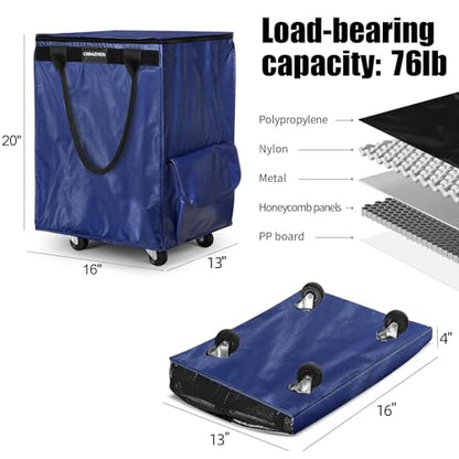 Reusable Grocery Bag Tote Bag with Wheels, Foldable Rolling Tote Bag with 3 Handles and Zipper - color: Blue, size: Medium