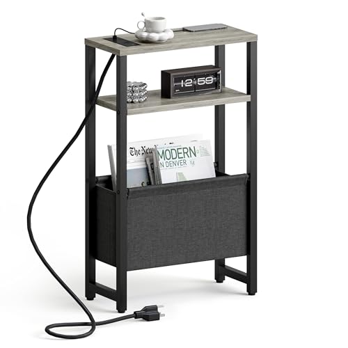 Narrow Side Table with Charging Station Slim End Table Sofa with Magazine Rack, Bedside Table for Small Spaces, 3 Tier Nightstand for Living Room Couch, Bedroom Oak Grey LET503QE - color: Oak Grey, style: With Charging Station