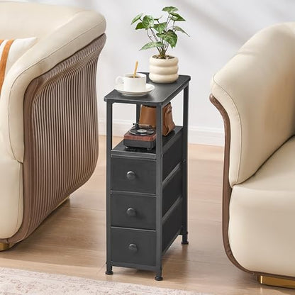 End Table, Narrow Side Table with 3 Fabric Drawers, Slim Nightstand, Small Bedside Table with Storage, Living Room, Bedroom, Black HKET1300BK - color: Black, size: 7.9" W x 15.7" D, style: No Power