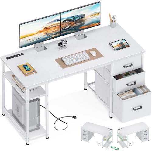 AODK 51 Inch White Computer Desk with Drawers & USB Power Outlets | Reversible Home Office Desk with Storage Shelves, Work from Home, Modern Work/Writing/Study Table for Bedroom, White - color: White, size: 51 Inch