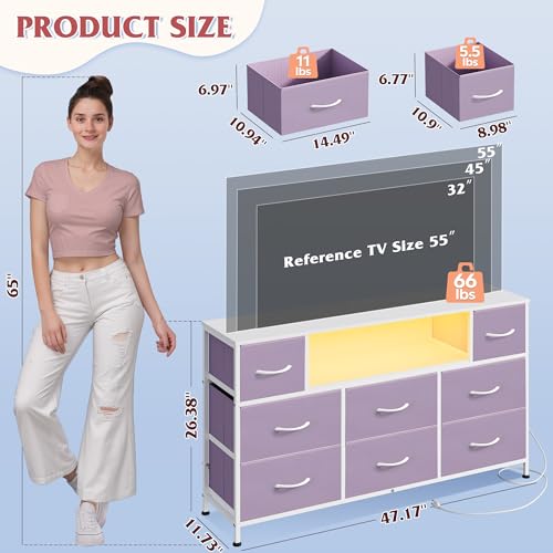 WLIVE Purple Dresser TV Stand for 45, 50, 55 inch TV, Entertainment Center with LED Lights & Charging Station, Chest of Drawers with 8 Fabric Drawers and Open Shelves for Living Room, Hallway - color: Purple