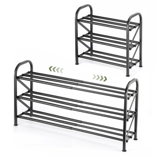 3 Tier Expandable Shoe Rack for Closet, Adjustable Small Shoe Organizer Storage, Heavy Metal Free Standing Narrow Shoe Racks for Entryway, Garage, Doorway Black 16"-33" - color: 3 Layers and 3 Tubes
