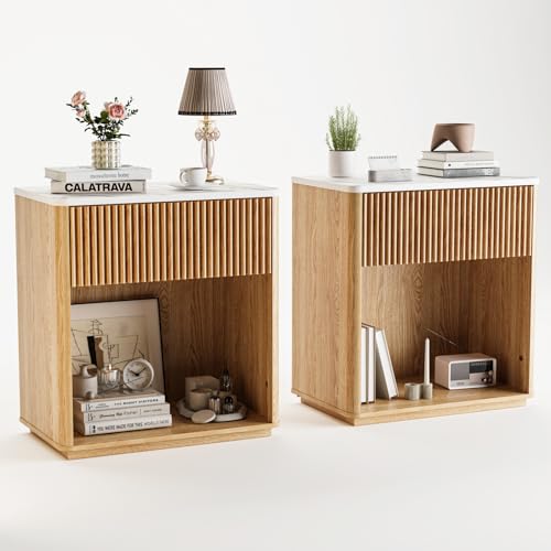 Modern Fluted Nightstand Set of 2 for Bedroom, Mid Century Bedside Table Set with Marble Top & Drawer, Wood End Table, 2 Farmhouse Night Stands for Guest Room, Hallway, Oak - color: Oak