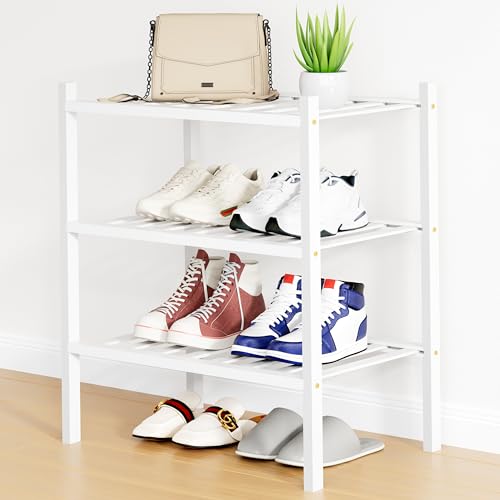 Smiry Bamboo Shoe Rack, 12 Vertical Slats, 3 Tier - 17.3" Wide, White | Stackable Free Standing Wooden Shoe Organizer, Wood Shoe Storage Shelf for Closet, Entryway - color: White, size: 17.32" Wide - 3 Tier - Regular