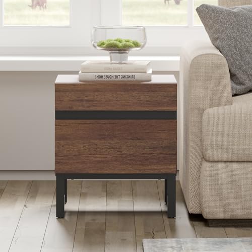WAMPAT Modern End Table with 2 Drawers, Farmhouse Sofa Table with Black Square Iron Leg, Wood Rustic Side Table for Living Room, Nightstand for Bedroom, Brown, 17.7''L x 15.5''W x 19.8''H - color: Brown