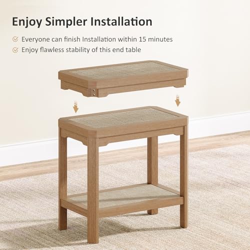 Eclatara Rattan Nightstands - Farmhouse 2 Tier End Table for Bedroom - Accent Polygon Side Table for Small Space Narrow Coffee Table Bamboo, Natural Oak - color: Natural Oak, Geometric Edges
