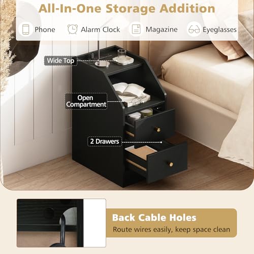 KOMFOTT Set of 2 Side Tables with Charging Station, End Tables with Storage Drawers, Sofa Couch Tables for Small Space, Modern Narrow Nightstands for Bedroom (Black,2) - color: Black