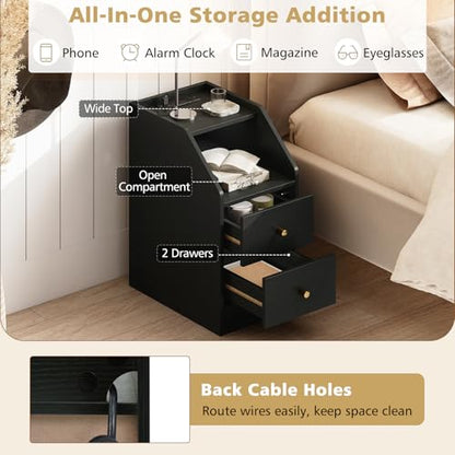 KOMFOTT Set of 2 Side Tables with Charging Station, End Tables with Storage Drawers, Sofa Couch Tables for Small Space, Modern Narrow Nightstands for Bedroom (Black,2) - color: Black