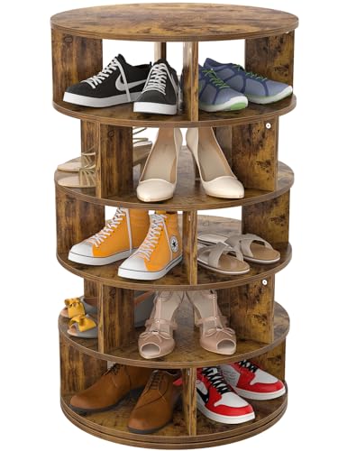 Aheaplus Rotating Shoe Rack, 5-Tier Wood Shoe Organizer for Closet, 360° Spinning Shoe Rack Tower Space-Saving Shoe Storage Shelf for Entryway, Garage, Bedroom, Rustic Brown - color: Rustic Brown, size: 5-Tier