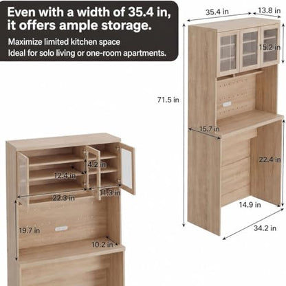 Garvee 71" Large Kitchen Pantry Cabinet with Drawers and Power Outlet, Tall Kitchen Hutch with Countertop for Kitchen,DIY Pegboard and Drawers, Farmhouse Food Pantry for Living Room - color: Natural Wood
